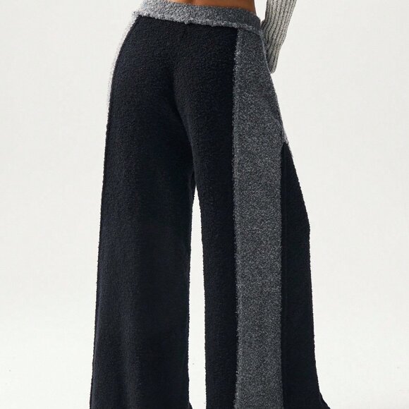 Black Casual Women's Contrast Color Casual Wide Leg Pants - Picture 2 of 11